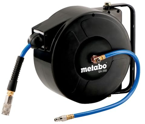 metabo Schlauchaufroller SA 250-8 m hochflexibler PU‑Schlauch, 1/4″ Universal‑Schnellkupplung, 15 bar Druck - Automatische Arretierung & Aufrollen, mit Wand- und Deckenbefestigungsbügel