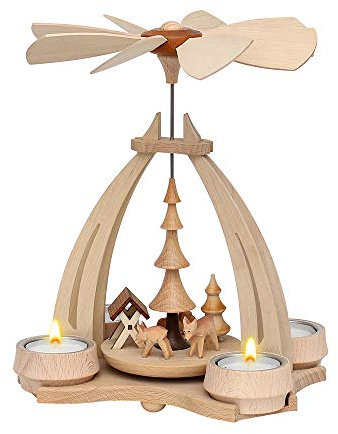 Dekohelden24 Tisch-Pyramide aus Buchenholz, Rehe mit Futterkrippe, ca. 24 cm.