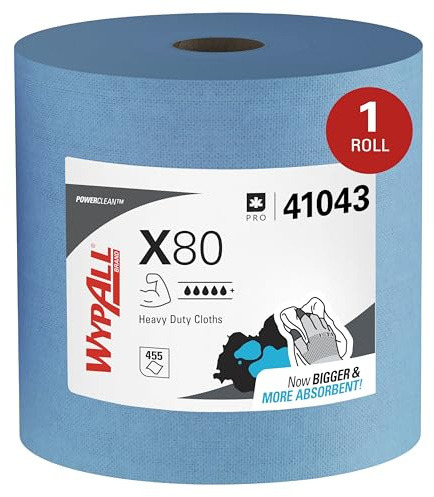 WypAll X80 Power Clean Heavy Duty Cloths, Reusable, High Absorbency, Hydroknit Technology, 1-Ply Roll Format, 1 Large Blue Roll x 455 Wipers (455 Total), Model Nr. 8347