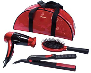 Ardes Medicura ARM350 Beauty Set per Capelli da Viaggio in Borsa Pochette, Mini Phon + Piastra Ceramica + Spazzola, Rosso Nero