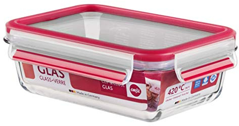 EMSA Clip & Close Glas Frischhaltedose, rechteckig, 0,7 L, 35 x 25 x 10 cm, 100 Prozent dicht, rutschfestes Stapeln, Glasbehälter spülmaschinen-, gefrier-, backofen-, mikrowellenfest, , 516244