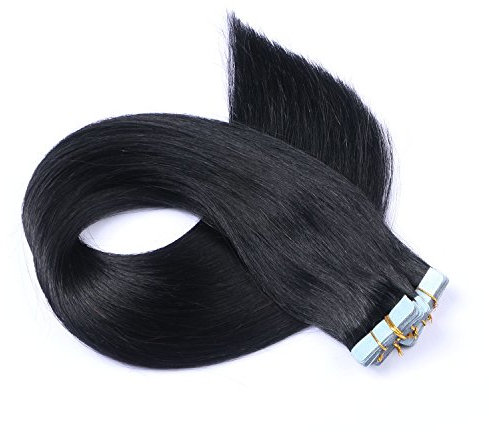 Tape In - On Hair Extensions - # 1 - SCHWARZ - 60cm - 20 Tressen je 4cm Breit / 2,5g - 100% Remy Echthaar Haarverlängerung/Extention mit Klebeband Tressen by NOVON Hair Extentions
