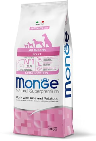 Monge Natural Superpremium ADULT PORK, RICE AND POTATOES, Hundefutter für alle Rassen (Trockenfutter für Hunde mit Schweinefleisch, Reis & Kartoffeln, sehr Ballaststoff- & Vitaminreich, 12 kg)