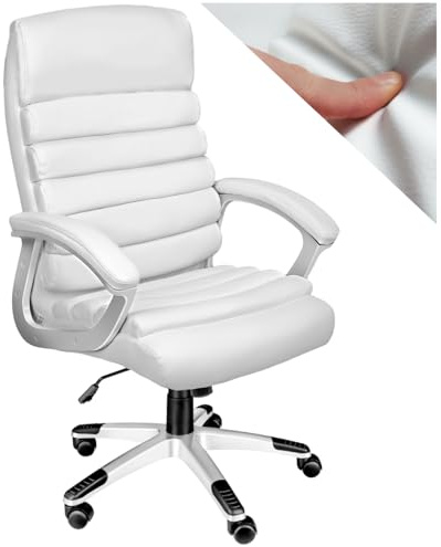 tectake®, Silla Oficina Ergonómica, Sillón Escritorio Ajustable, Silla Giratoria con Base de Ruedas, Altura Regulable, Acolchado Extra Grueso, Ergonómico, Basculante, 360° Rotación - Blanco
