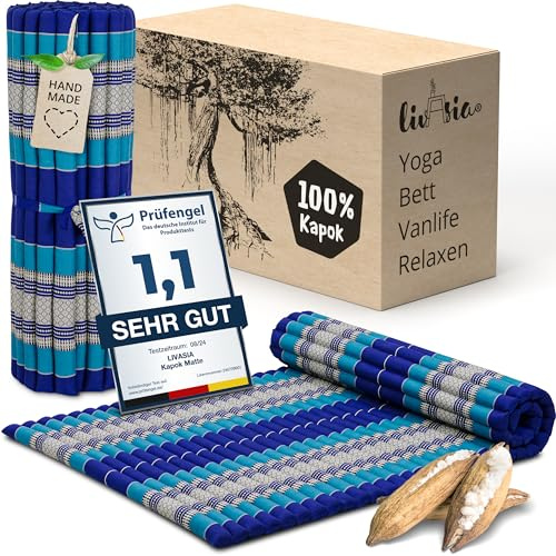 livasia Rollmatte Rollmatratze L-200x110x4,5cm, Gästebett Gästematratze 1 Person, Reisebett Kofferraum Outdoor, Thaimatte Kapok, Garten Balkon handgefertigt rubinrot