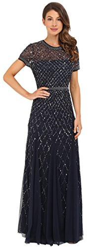 Adrianna Papell Short-Sleeve Grid Beaded Gown Vestido Mujer