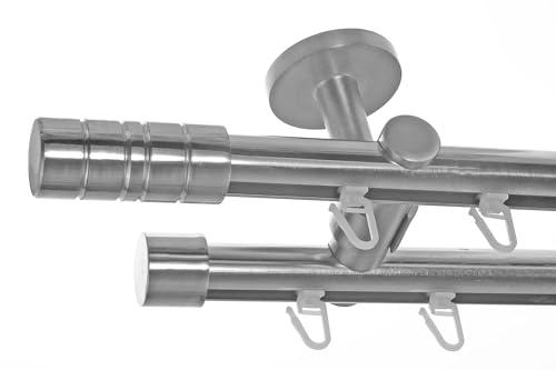 BASIT Gardinenstange Innenlauf Edelstahllook 20mm 2-läufig Decke 120cm D40 | Gardinenstangenset doppelläufig Deckenmontage Metall Vorhangstange Deckenhalterung 120-600cm wählbar Kappe Zylinder E34