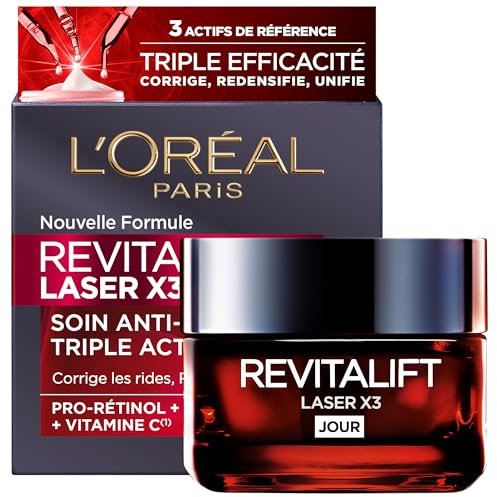 L'Oréal Paris - Soin Profond Visage Anti-Âge - Crème de Jour Anti-Âge Triple Action - À l'Acide Hyaluronique, Pro-Rétinol & Vitamine C - Tous Types de Peau - Revitalift Laser X3 - 50 ml