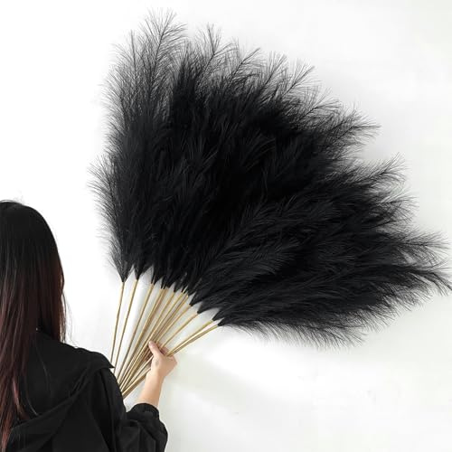 YiYa 12 Stück Pampasgras Kunstblumen Deko 113CM Trockenblumen Groß Pampasgras Groß Schwarz Flauschiges Deko für Boho für Wohnzimmer Hochzeit Schlafzimmer