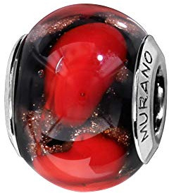 Thabora charms coulissant argent rhodié (Argent 925‰ + protection Rhodium) Murano veritable noir motif rouge + suédine (offerte) + Certificat d'Authenticité Argent 925‰