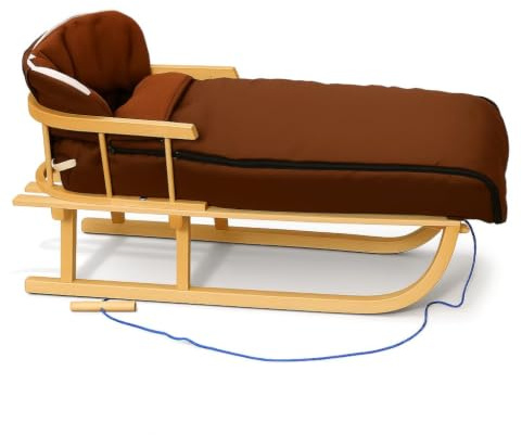 Holzschlitten Kinderschlitten Rodelschlitten Schlitten Klassischer aus Buchenholz mit Rückenlehne mit Winterfußsack aus Holz 108cm | 10 Farben (Braun)