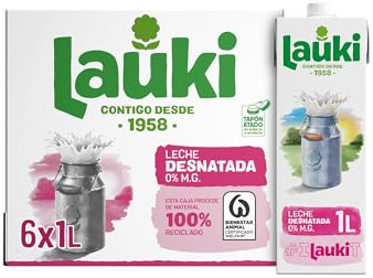 Lauki - Leche Desnatada de Bienestar Animal - Sin Azúcar Añadido y Sin Gluten - Brik UHT Pack 6 x 1L