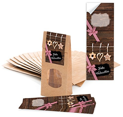 Logbuch-Verlag 25 braune Papiertüten mit Sichtfenster + Weihnachtsaufkleber Frohe Weihnachten braun - Kekstüte Teetüte weihnachtlich