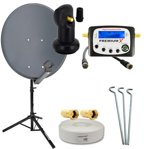 PremiumX Camping Satelliten-Komplettanlage 60cm Satellitenschüssel Single LNB Sat-Finder 10m Kabel F-Stecker Dreibein-Stativ