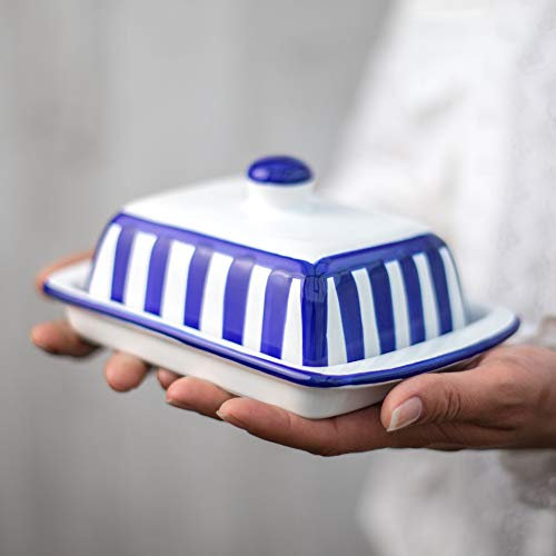 City to Cottage Large Butter Dish with Lid for Countertop, Ceramic Butter Keeper, Butter Container with Knob Handle, Butter Holder Tray with Cover, Handcrafted Navy Blue Stripe Coastal Butter Dish