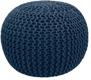 COTTON CRAFT - Hand Knitted Cable Style Dori Pouf - Blue - Floor Ottoman - Cotton Braid Cord - Handmade & Hand Stitched - Truly one of a Kind Seating - 20 Dia x 14 High