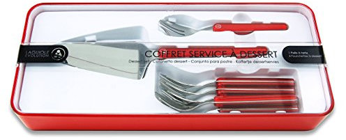 Laguiole Évolution - Coffret service à dessert 7 pièces - Coffret cadeau - Fourchettes à dessert et pelle à tarte en acier inoxydable et ABS Acidulé rouge