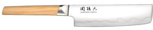 KAI Seki Magoroku Composite Nakiri-Messer 16,5 cm Klingenlänge - SUS420J2 Edelstahl 56 HRC /VG 10 Stahl 61 HRC - heller gemaserter Pakkaholzgriff - Handgefertigt in Japan - Durchgehender Erl