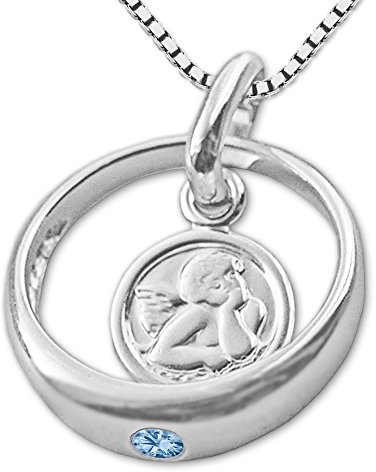 CLEVER SCHMUCK Set Silberner Taufring Anhänger Engel rund mit Zirkonia hellblau blautopas-farbig und Kette Venezia 36 cm glänzend Sterling Silber 925 im Taufe Etui türkis