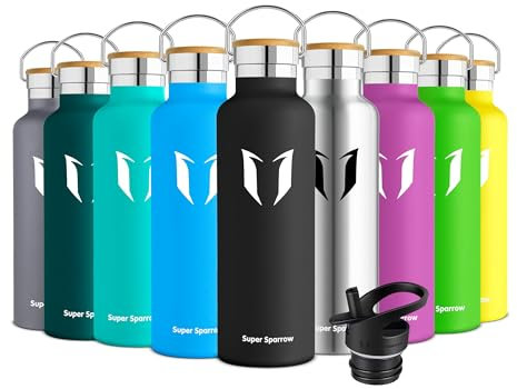 Super Sparrow Stainless Steel Water Bottle Kids - 500ml - Insulated Metal Water Bottles - Standard Mouth Flask - BPA Free - Straw Bottle for Work, Gym, Sports - 2 Lids
