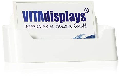VITAdisplays DIN A7 Tisch-Visitenkartenhalter im Querformat, standfester Visitenkartenspender, Visitenkartenständer in weiß, Visitenkartenaufsteller für A7 Flyer und Visitenkarten
