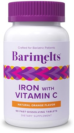 Barimelts Iron with Vitamin C, 90 Fast-Dissolving Tablets (1-Month Supply), Sugar-Free Bariatric Iron Supplement for Women, Natural Orange Flavor​