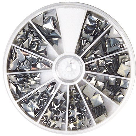 Rayher Hobby 38643606 Hotfix Metall-Nieten, silber, 2,5-10 mm, Formenmix, 12 Formen, selbstklebende Bügelnieten in runder Sortierbox mit Fächern, gesamt 420 Nieten