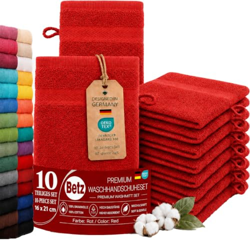 Betz Waschhandschuhe Premium 10 Stück 16x21 cm – 100% Baumwolle 470g/m² – Weiche Frottee Waschlappen – Pflegeleicht & saugstark - Farbe rot
