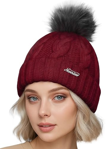 Neverless® Damen Strickmütze mit Fleecefutter und Kunstfell Bommel Zopfmuster Grobstrick Wintermütze Bommelmütze Model 2207
