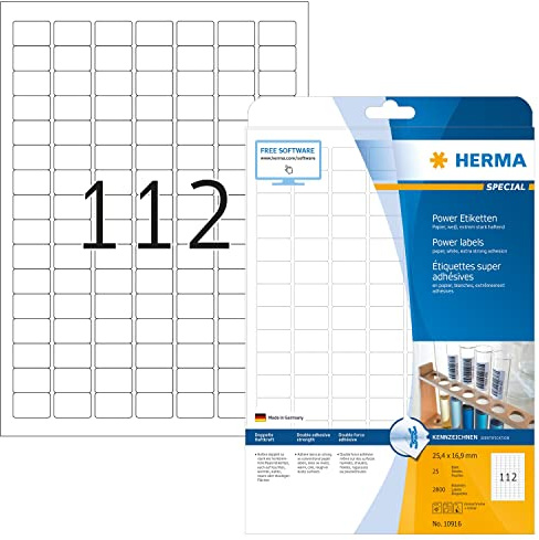 HERMA 10916 Power Etiketten, 25 Blatt, 25,4 x 16,9 mm, 112 pro A4 Bogen, 2800 Stück, selbstklebend, bedruckbar, extrem stark haftend, blanko Papier Klebeetiketten Aufkleber, weiß