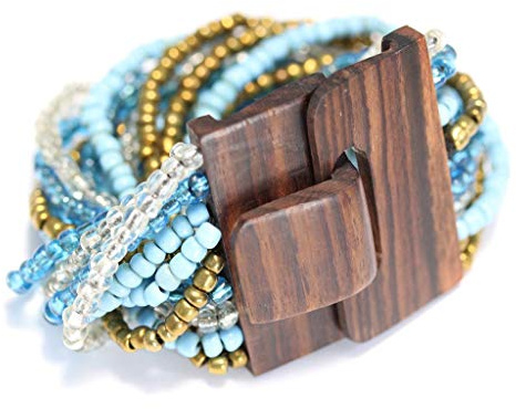 loveyourdiamonds Armband aus Kunstperlen mit Holzverschluß in mediterranem Blau und Bronze