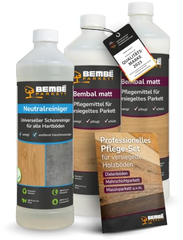 Bembé Parkett Pflege Set I Bembal matt 2L + Neutralreiniger 1L I Parkettpflege für versiegeltes Parkett I reinigt & schützt I Bodenreiniger pH neutral & streifenfrei I wasserabweisender Pflegefilm