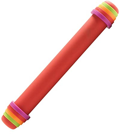 Mastrad – Rouleau à Pâtisserie Ajustable en Silicone Rouge – 4 Anneaux Réglables (2, 4, 6, 8 mm) – Revêtement 100 % Silicone – Corps Inox – Antidérapant & Facile à Nettoyer – Accessoire de Pâtisserie