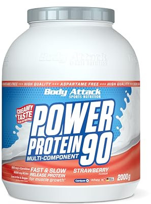 Body Attack Power Protein 90, Fragola, 2 kg, 5K proteine in polvere con proteine del siero di latte, L-carnitina e BCAA per la costruzione muscolare e il fitness