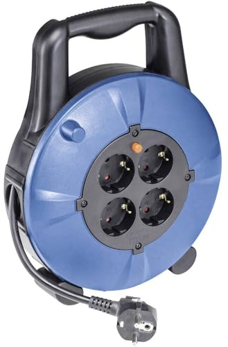 as - Schwabe Kabeltrommel 10 m, IP20 Innenbereich, 4 Steckdosen | Thermoschutzschalter, Schwarz/Blau