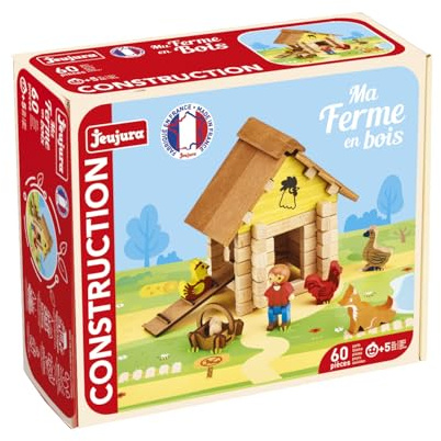 Jeujura - Ferme en Bois 60 Pièces - Jeu de Construction dès 5 Ans - 8039 | Personnage, animaux et tapis de jeu inclus - Valisette de rangement - Jeu en bois enfant - Imagination - Fabriqué en France