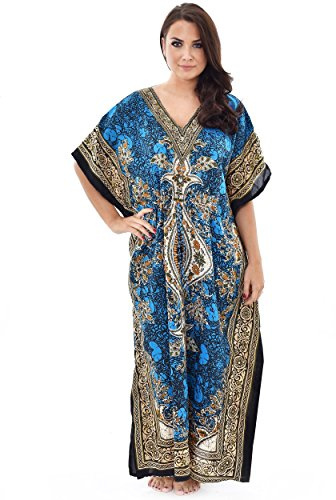 NIGHTINGALE COLLECTION Women’s Kaftan Beach Dress – Elegant V Neck Drawstring Summer Dress, Flowy Maxi Tunic, Beach Cover Up for Women, Lightweight Polyester Resort Wear (Sky Blue, One Size)