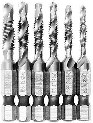 AUTOTOOLHOME 6 Pack Combination Drill and Tap Bit Set, SAE Screw Tap Drill Bits 6-32NC 8-32NC 10-32NC 10-24NC 12-24NC 1/4-20NC, 1/4 Hex Shank Drill Tap Countersink Bits for Metal, Wood, Plastic