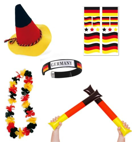 KarnevalsTeufel Deutschland Fan Set 5-teilig Schwarz-Rot-Gold | 5-teiliges Fan-Set mit Hut, Hawaii-Kette, Armband, Tattoos und Airsticks für EM, WM und Public Viewing