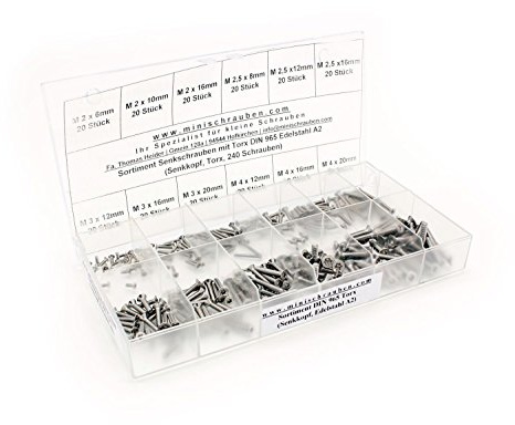Sortimentskasten mit 240 Stück Senkschrauben nach DIN 965-TX aus Edelstahl A2 (M2, M2,5, M3, M4), TX, Senkkopf. Minischrauben Sortiment inkl. beschrifteter Box
