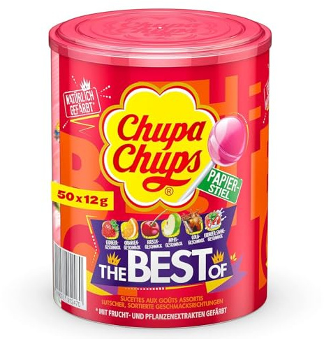Chupa Chups - Tubo 50 Sucettes The Best Of - Sucettes à la Pulpe de Fruit + Cola et Milky - Idéal pour Fêtes d'Anniversaires - Présentoir Décoratif Original - Boite de 0,6 Kg