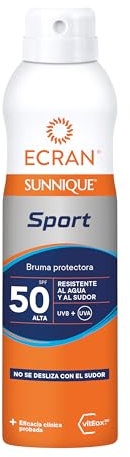 Ecran Sunnique Sport - Bruma Protectora Solar SFP 50, Protección Alta UVB, UVA, Frescor Instantáneo, Refuerza las Defensas, Muy Resistente al Agua, para Todo Tipo de Pieles- 250 ml