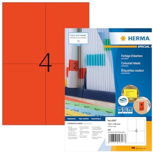 HERMA 4397 Farbige Etiketten rot, 100 Blatt, 105 x 148 mm, 4 pro A4 Bogen, 400 Stück, selbstklebend, bedruckbar, matt, blanko Papier Farbetiketten Aufkleber
