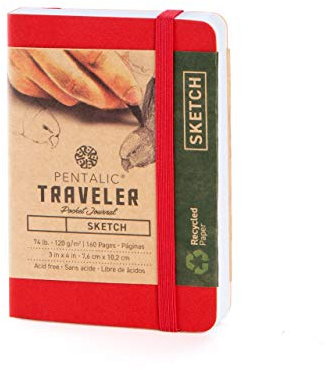 Pentalic 3 x 4 Pocket Sketchbook Traveler Journal, 160 Pages, Red