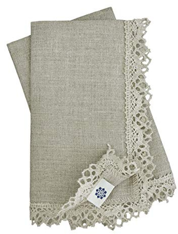 Linen & Cotton 4 x Stoffservietten Vintage Shabby Rustikal Celeste mit Häkeln Spitze - 100% Leinen, Beige Natur (39 x 39cm) Servietten Stoff Leinenservietten für Hochzeit Taufe Kommunion Konfirmation