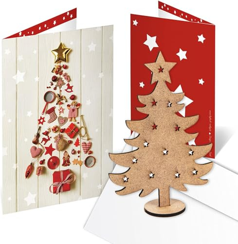 Logbuch-Verlag 10 gleiche Weihnachtskarten mit Baum zum Zusammenstecken aus Holz + Kuvert - Grußkarten Weihnachten mit Geschenk