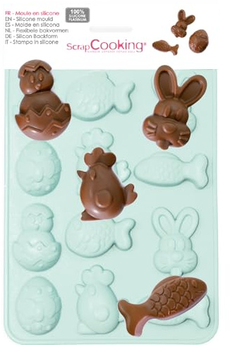 ScrapCooking - Moule Silicone Chocolats de Pâques - 12 Formes Animaux de Pâques : Lapin, Poule, Poisson pour Chocolats & Gâteaux - Ustensile Pâtisserie - Fritures - Vert d’Eau - 6726