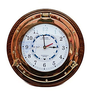 Nagina International Nautical Time Tide Clock With Brass Porthole & Wooden Base - Captain Maritime Beach Home Decor Gift (12 Inches)