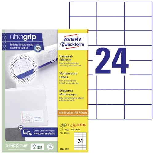 AVERY Zweckform 3474-200 Adressaufkleber (4.800 plus 480 Klebeetiketten extra, 70x37mm auf A4, Papier matt, bedruckbare Absenderetiketten, selbstklebende Adressetiketten mit ultragrip) 220 , weiß