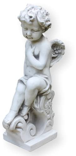 Dekoskulptur Skulptur Gartenskulptur Betonfigur Engel sitzend auf Sockel H 49 cm